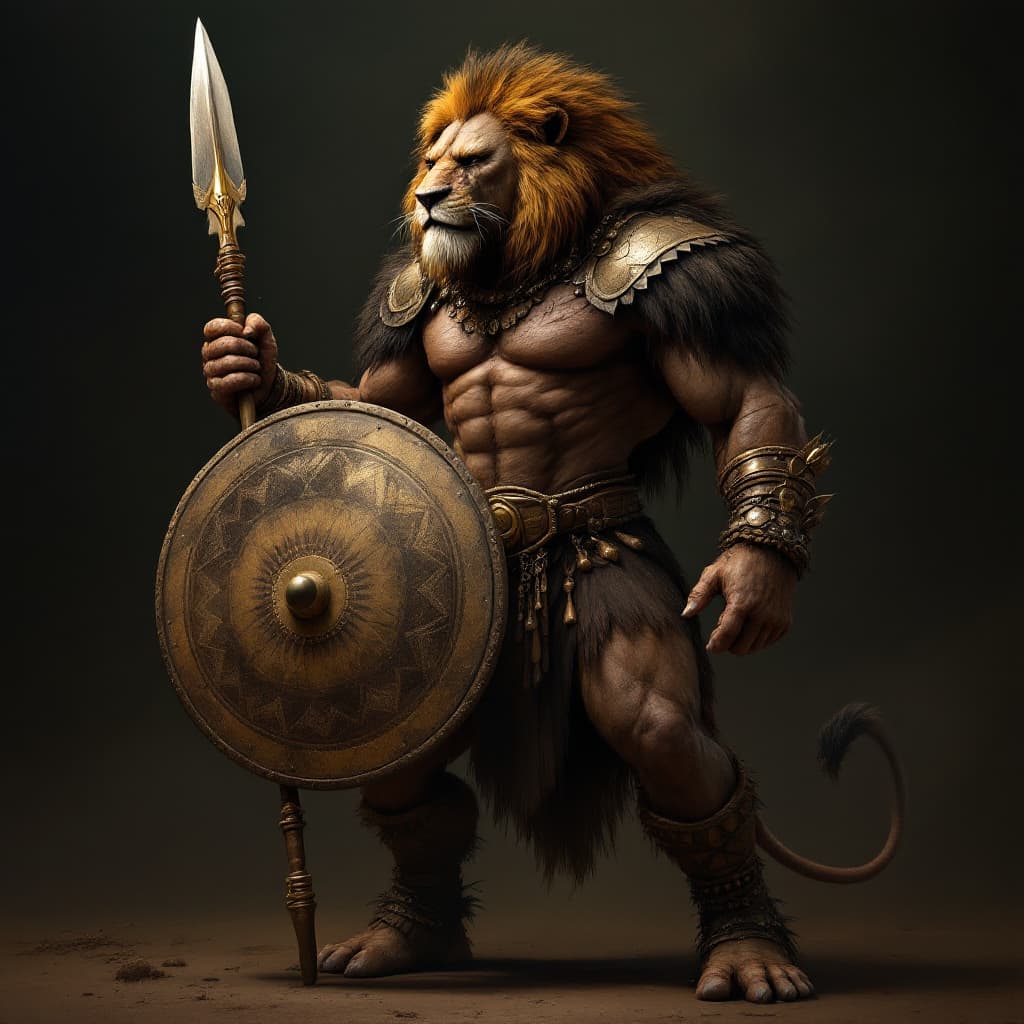 AI generated: humaniod lion in full zulu warrior outfit with shield and spear huge muscles