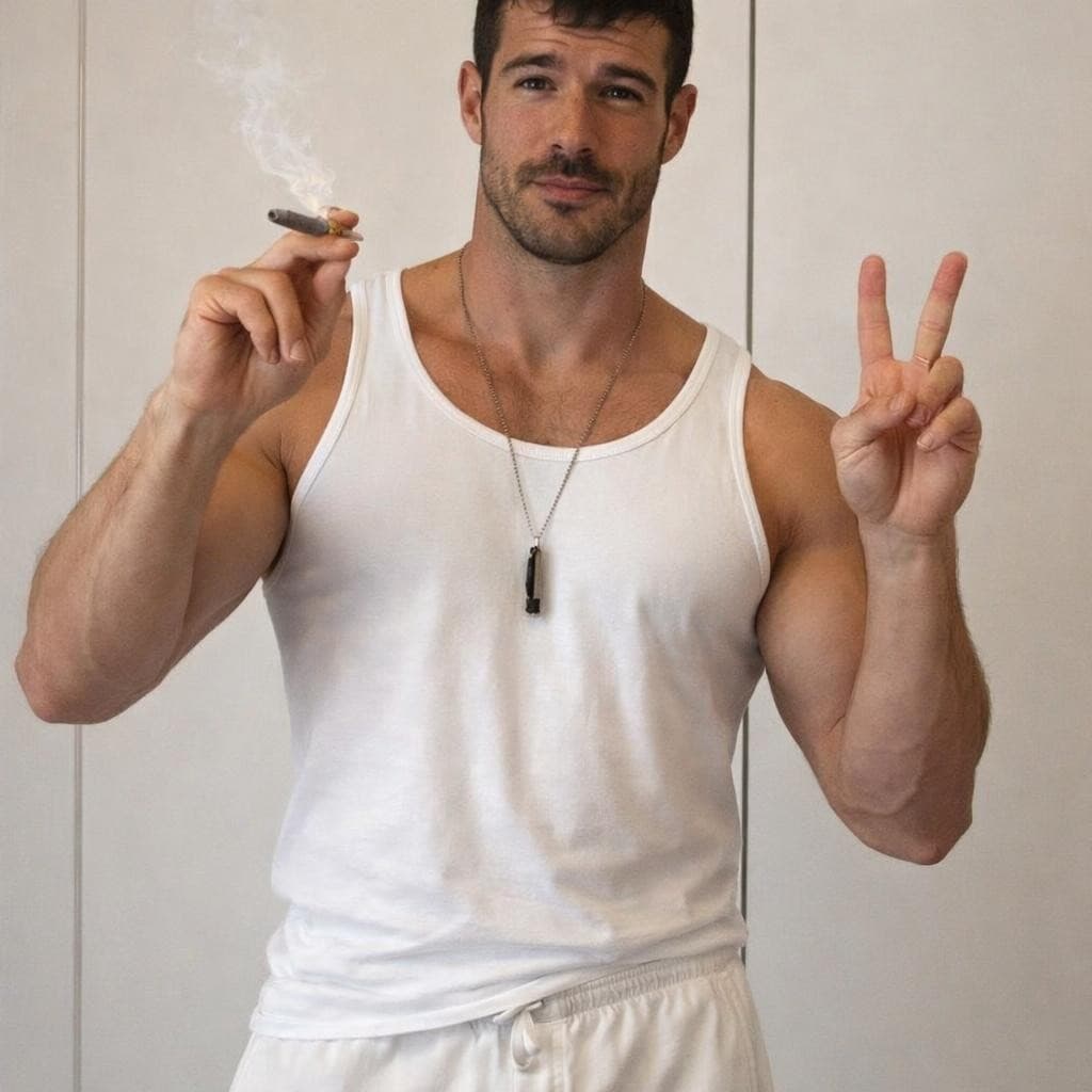 AI generated: make this man look just like the input image wearing a white tank top and white short shorts smoking...