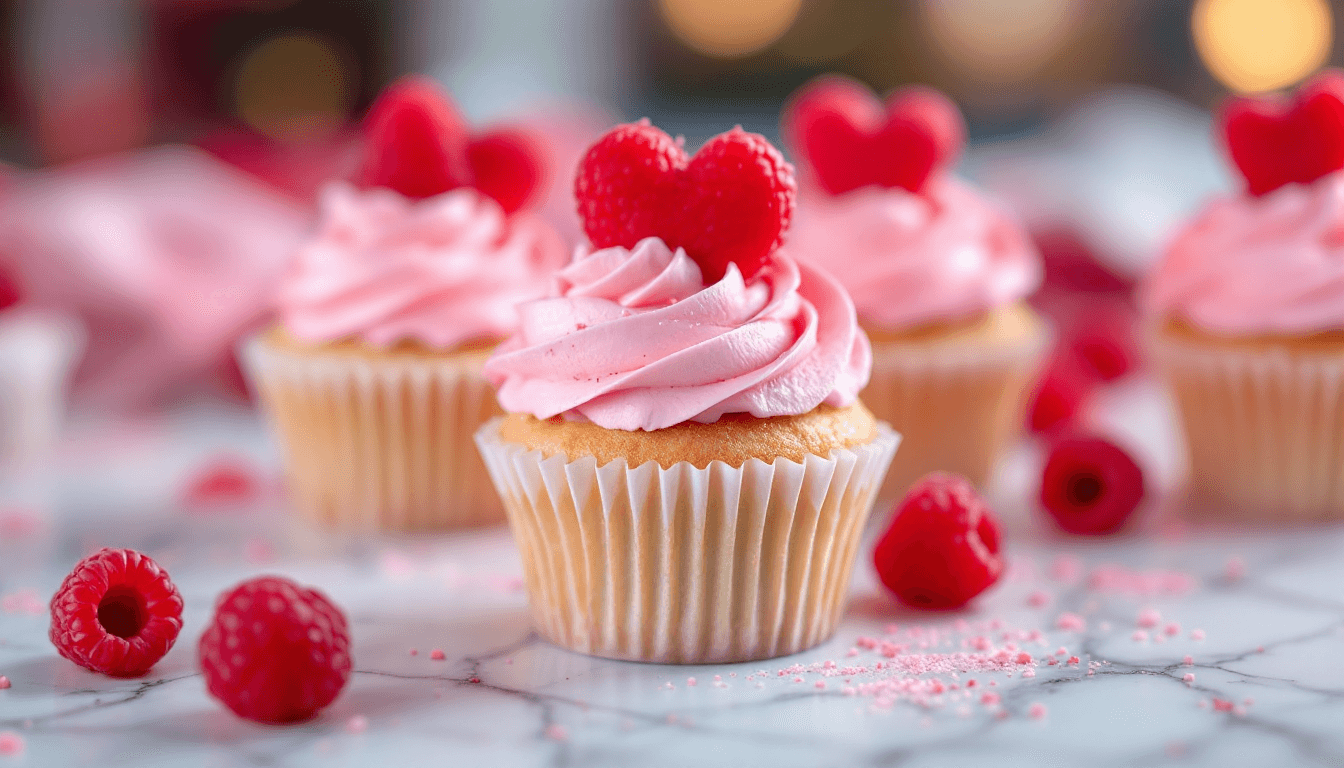 AI generated: Valentine's Day cupcakes, pink frosting, fresh raspberries, heart decorations, pastel colors, soft l...