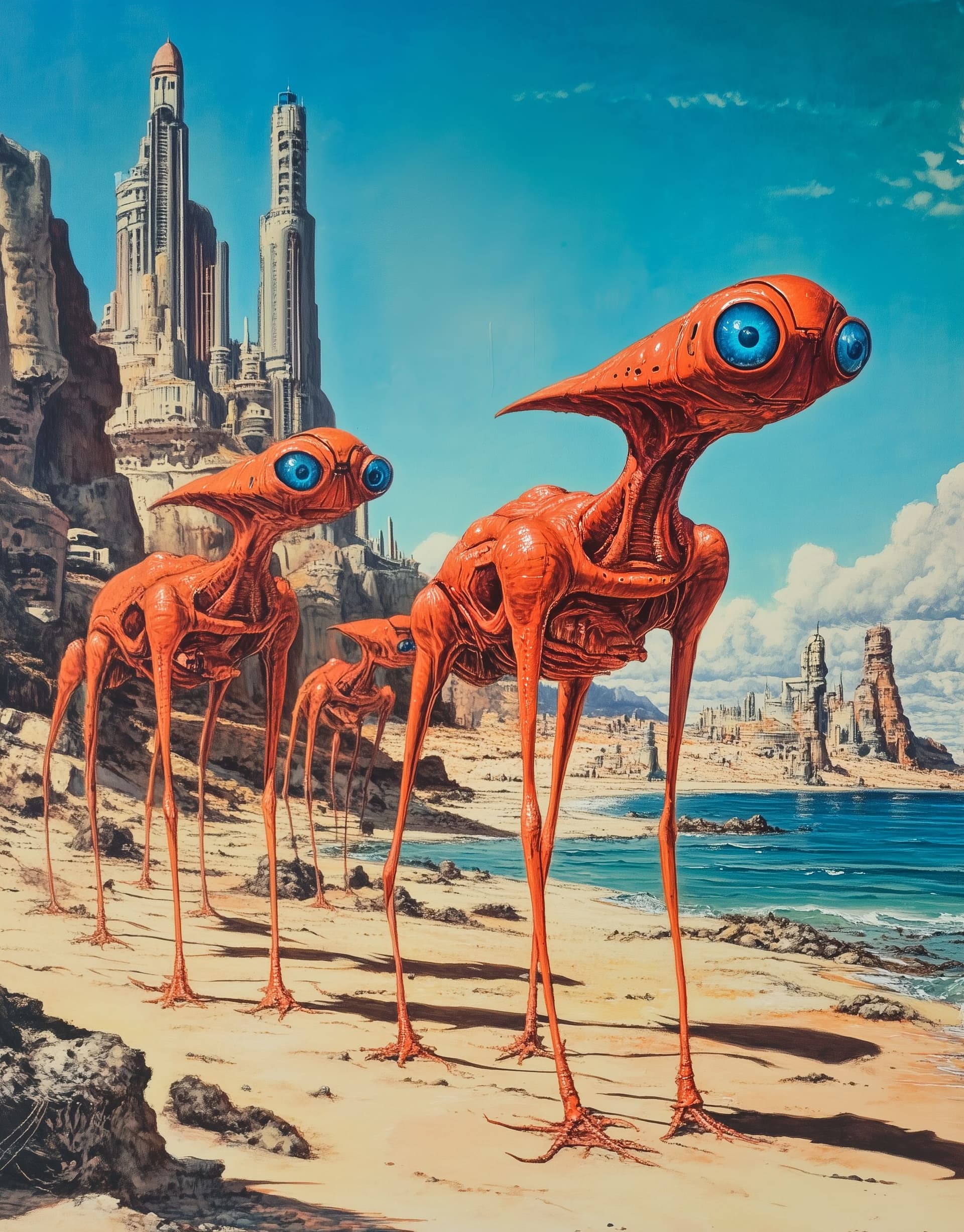 AI generated: A painting of red alien creatures with blue eyes standing on the beach, with a city in the backgroun...