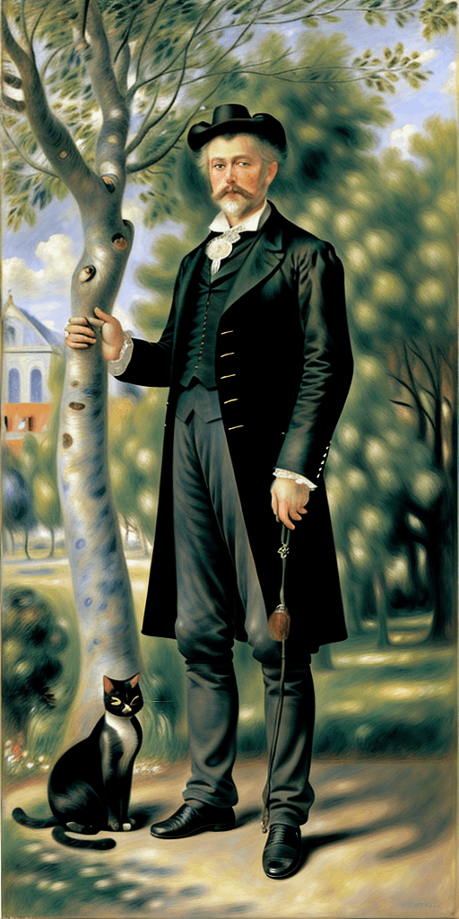 AI generated: Full height front view Portrait of old Pierre-Auguste Renoir  standing near a tree and looking at th...