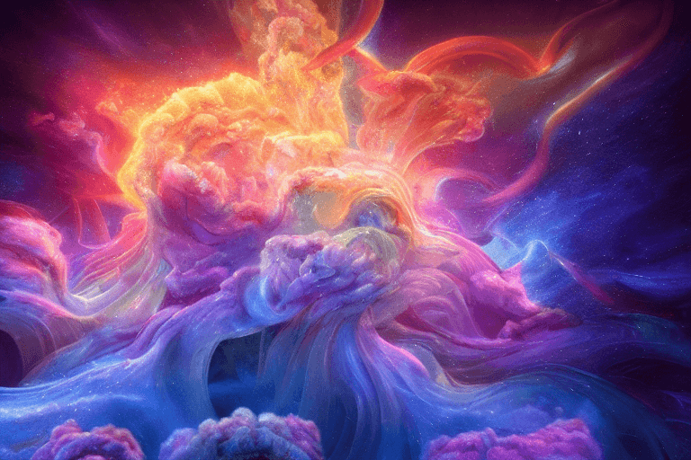 AI generated: raytraced render and digital painting a scene of complete madness, by  kinkade, cosmic entities, cel...