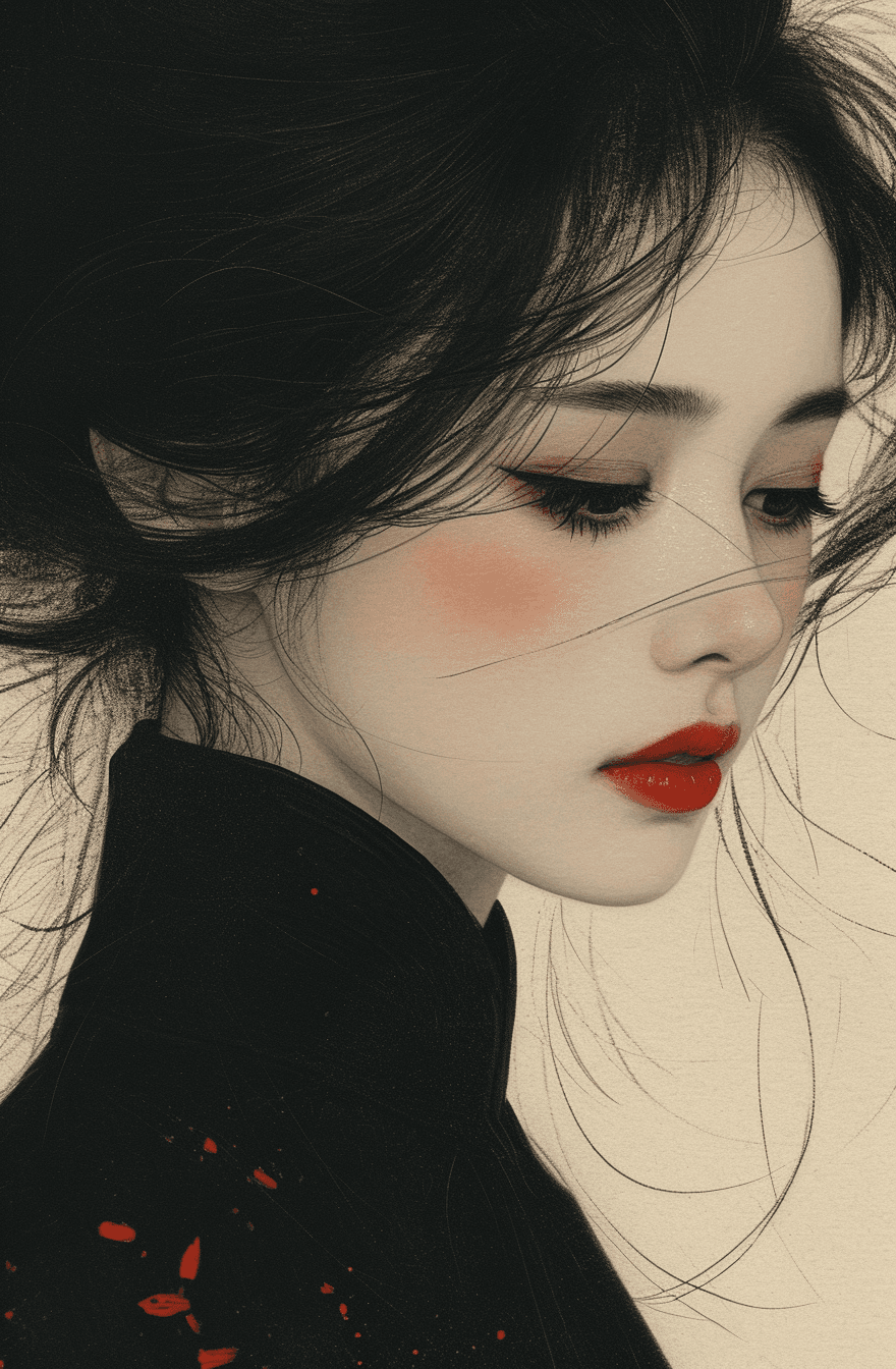 AI generated: woman in black and white kimochiki illustration, in the style of minimalist beauty, red and amber, b...