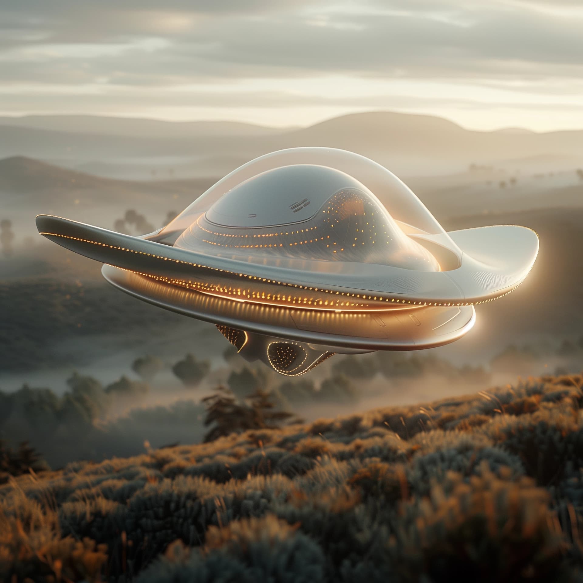 AI generated: A UFO flying saucer flies over the hills of California, photo realistic, high resolution, high detai...
