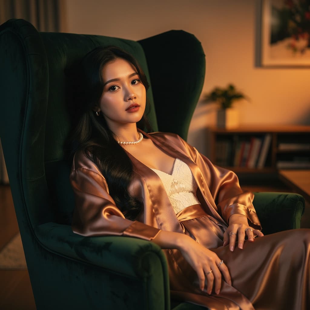 AI generated: A beautiful young Vietnamese woman reclines gracefully in a velvet armchair, her posture both relaxe...