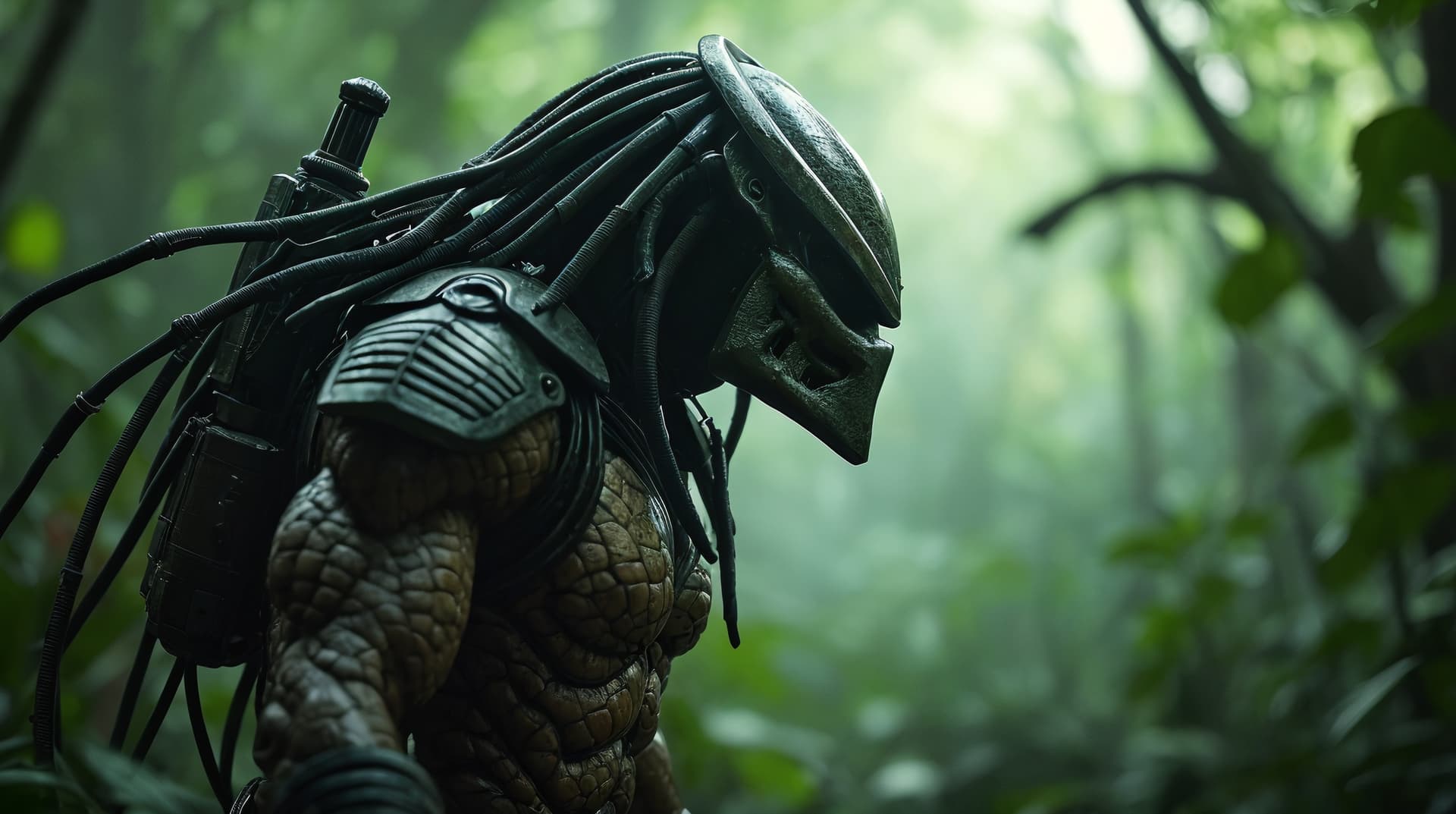 AI generated: 50 mm RAW photograph,  (half-body shot), the iconic highly detailed cinematic rendering of Predator,...