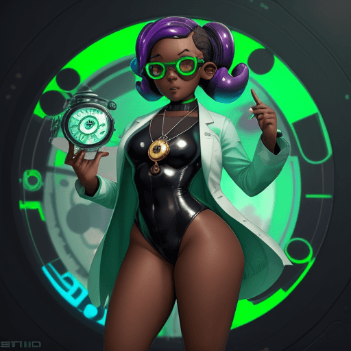 AI generated: octoling girl, adult, dark skin, thick thighs, chest, splatoon, futuristic tech, hypnotized, pocket ...
