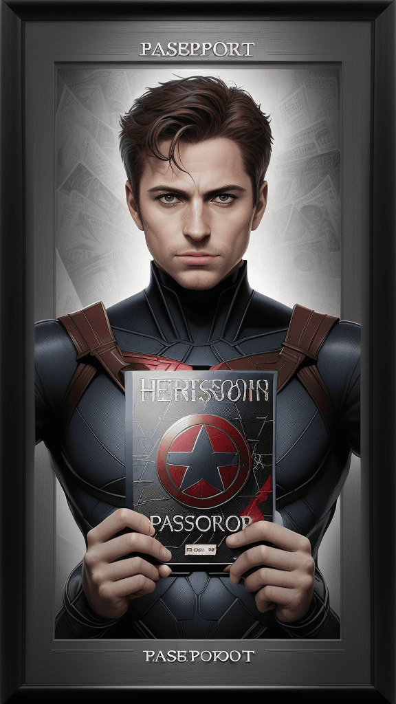 AI generated: card saying heroes passport, passport-themed art installation, creative typography, rendered in a di...