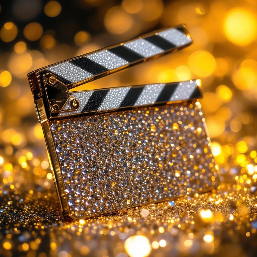 AI generated: A movie clapper placed encruted in diamond placed  on refined gold dust 
