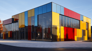 AI generated: Vibrant gallery with a contemporary design, colorful and dynamic, and steel facade, inspired by Walt...