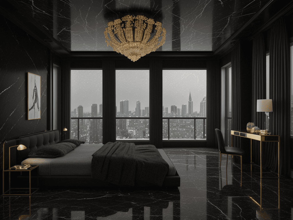 AI generated: High resolution photography interior design, dreamy sunken bedroom , black marble floor, small windo...