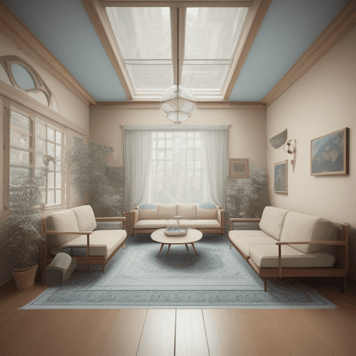 AI generated: High resolution photography interior design, dreamy sunken living room conversation pit, wooden floo...