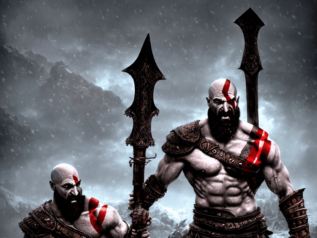 AI generated: kratos, god of war, holding giant bloody axe, snowstorm, blood moon, 64k, FHD, UHD, WHD, hyper detai...