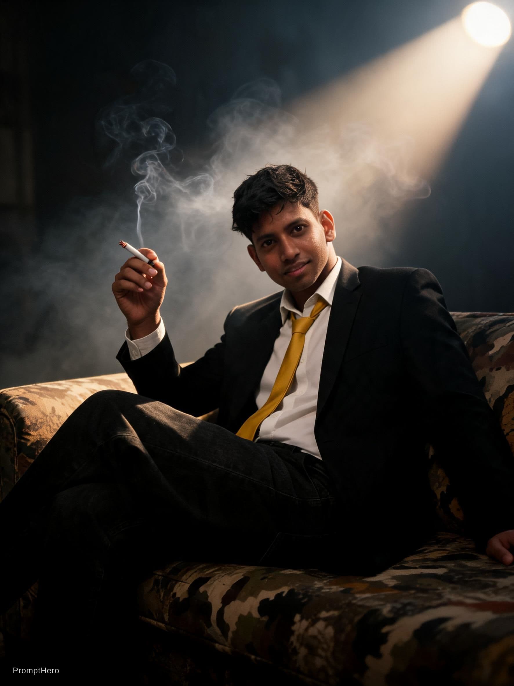 AI generated: photography, cover shoot, dimly lit room with a hazy atmosphere, capturing a professional male model...