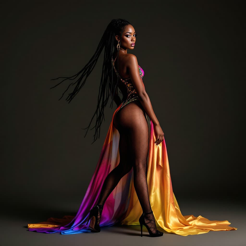 AI generated: epic photo of a very beautiful Black African female  , in coloured stringsatinbodymodel with stockin...