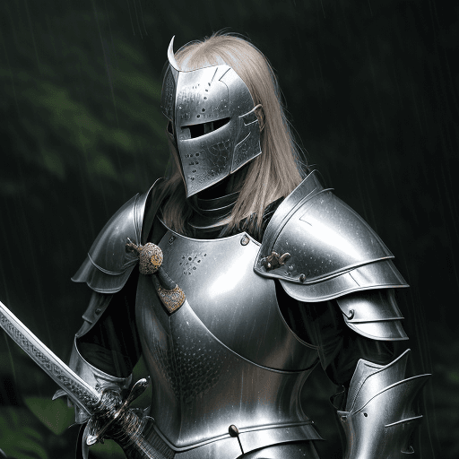AI generated: real life portrait photo of a man wearing shiny silver armor while holding a sword, the knight is st...