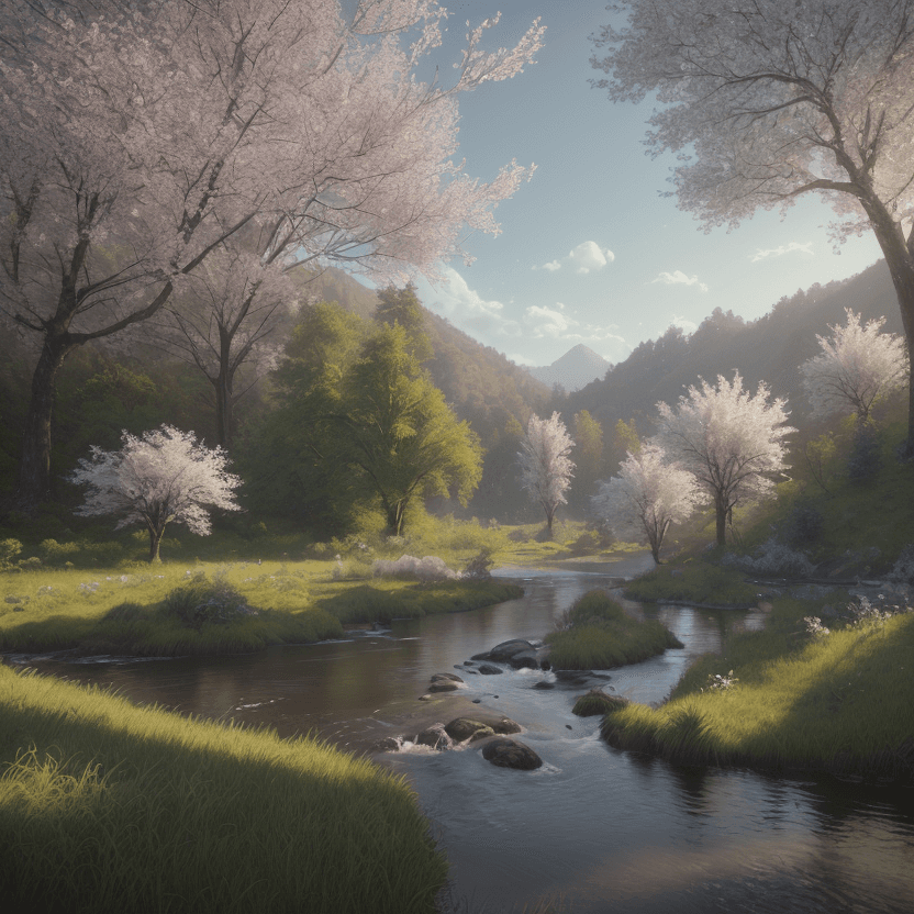 AI generated: photorealistic oil on canvas, 
riverbank, small trees, small hills
beautiful setting, spring,
foregr...