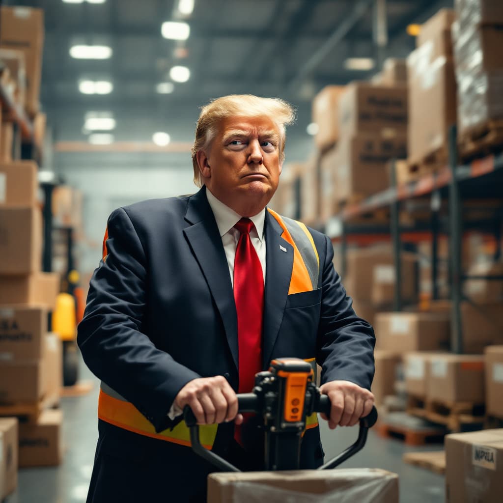 AI generated: "Donald Trump operating a manual pallet jack (transpaleta) inside a large industrial warehouse. He i...