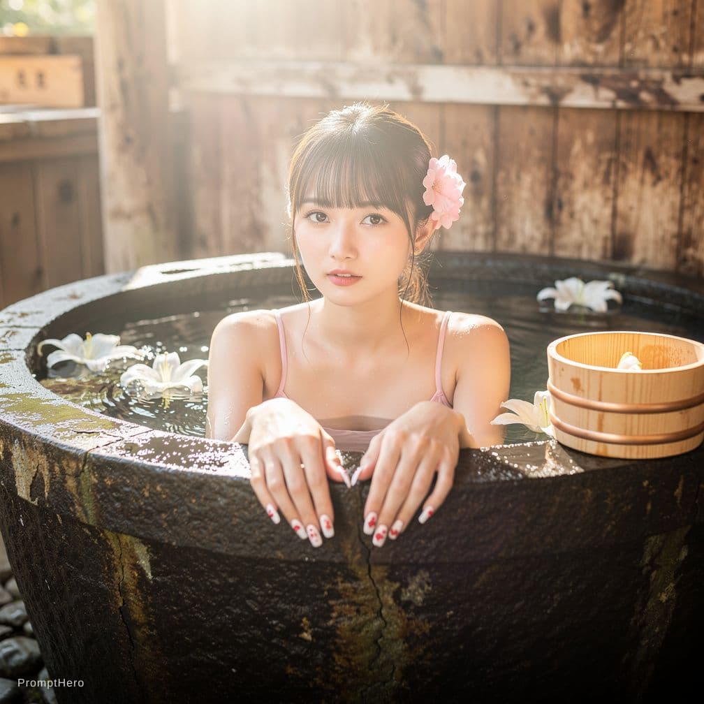 AI generated: A high-quality, photorealistic portrait of a beautiful young Asian woman soaking in a large, dark ru...