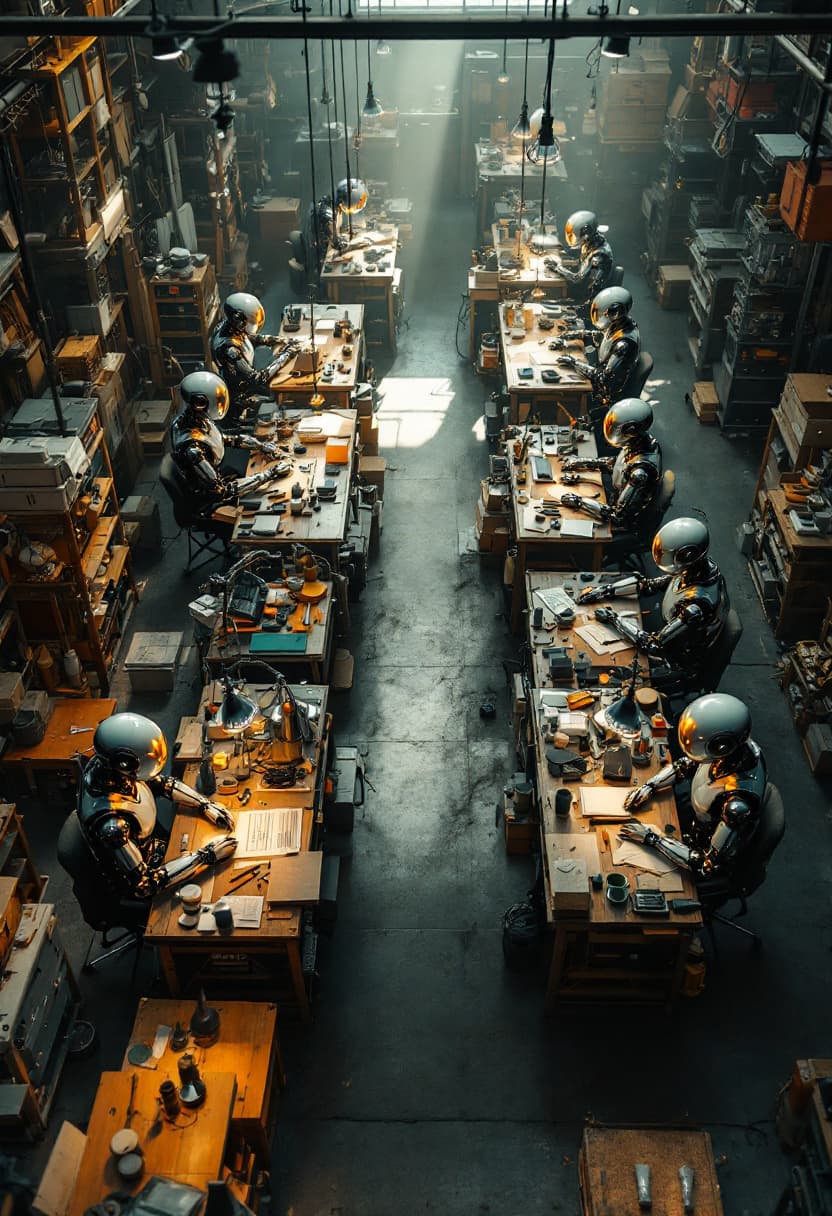 AI generated: A highly detailed cinematic overhead shot capturing a workshop with multiple workstations. At each w...