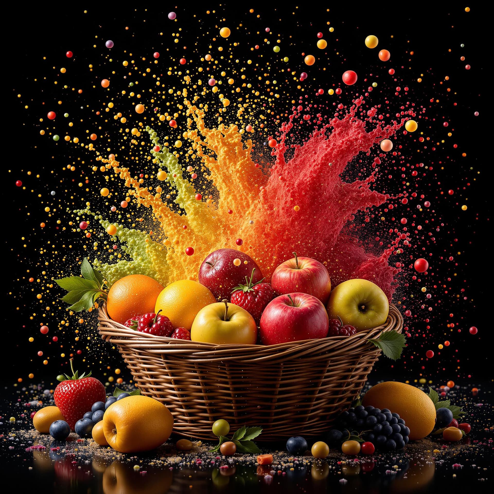 AI generated: a basket of colorful fruits, with extreme contrast, extreme details, explode with huge particles spl...