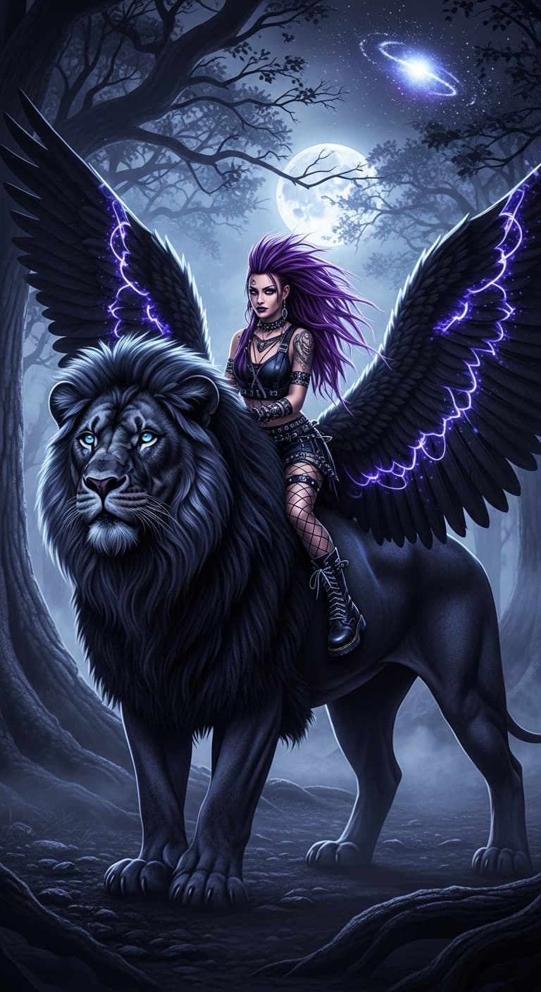 AI generated: A full body shot of a strong, fierce black lion, its fur with a slight blue tinge, and large outstre...