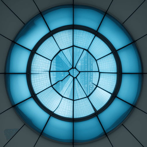 AI generated: photo of a glass skyli8ght window from inside of the building with a color combination of blue white