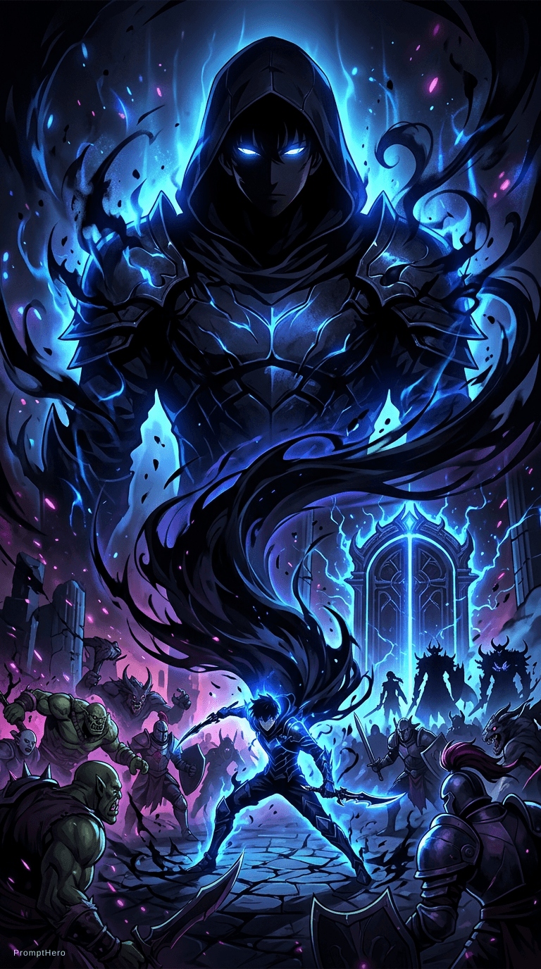 AI generated: Create a promotional poster of a SOLO LEVELING-themed character with a vertical Facebook portrait po...