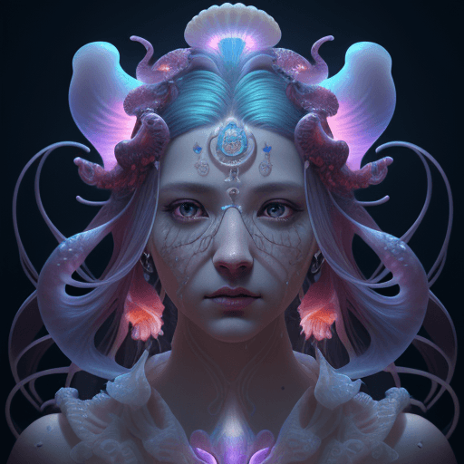 AI generated: Goddess close-up portrait ribcagel. jellyfish phoenix head, nautilus, orchid, skull, betta fish, bio...