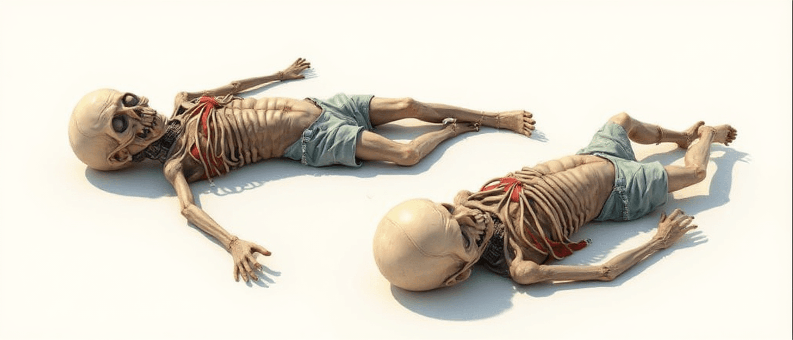 AI generated: Ultra-realistic, emaciated, very pale white alien beings, around 2 to 4 feet long, lying on a stark ...