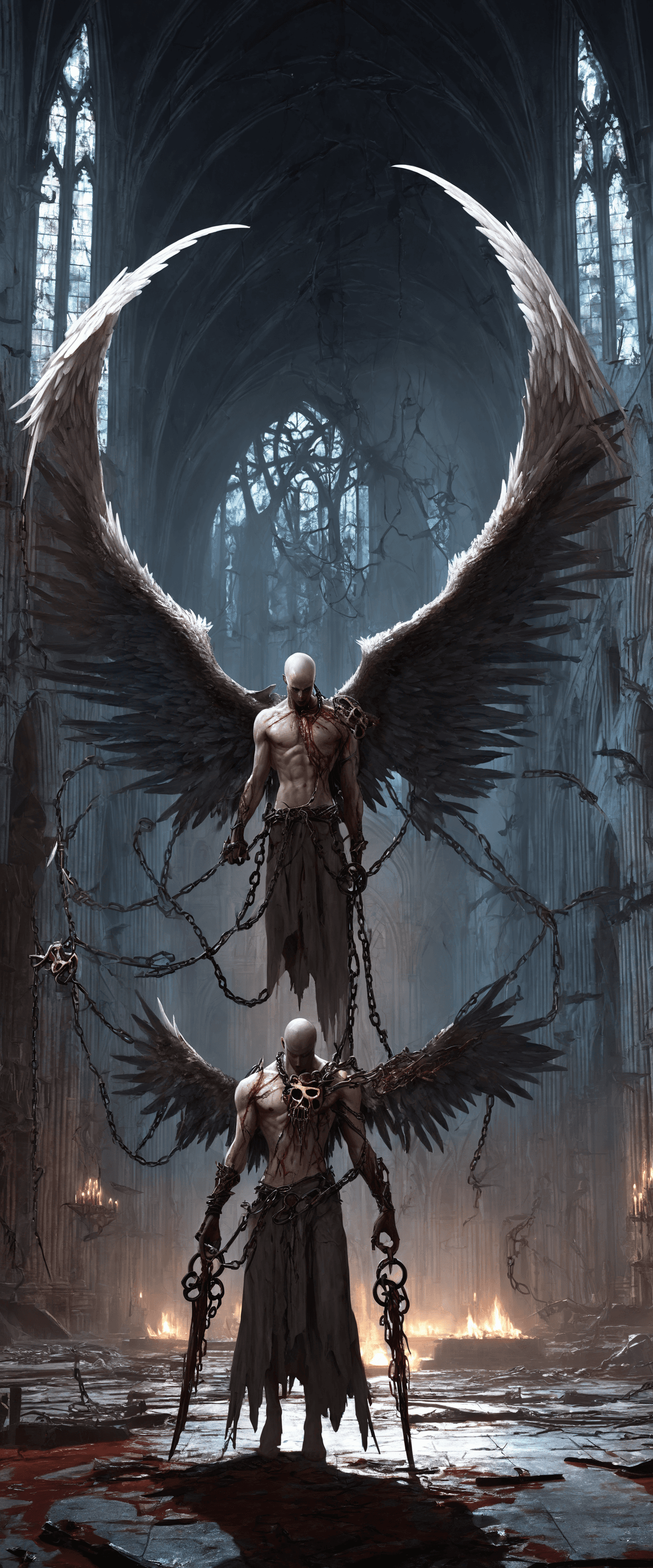 AI generated: Horror-themed video game concept art of an angel infected with an eldritch parasite. the angel is in...