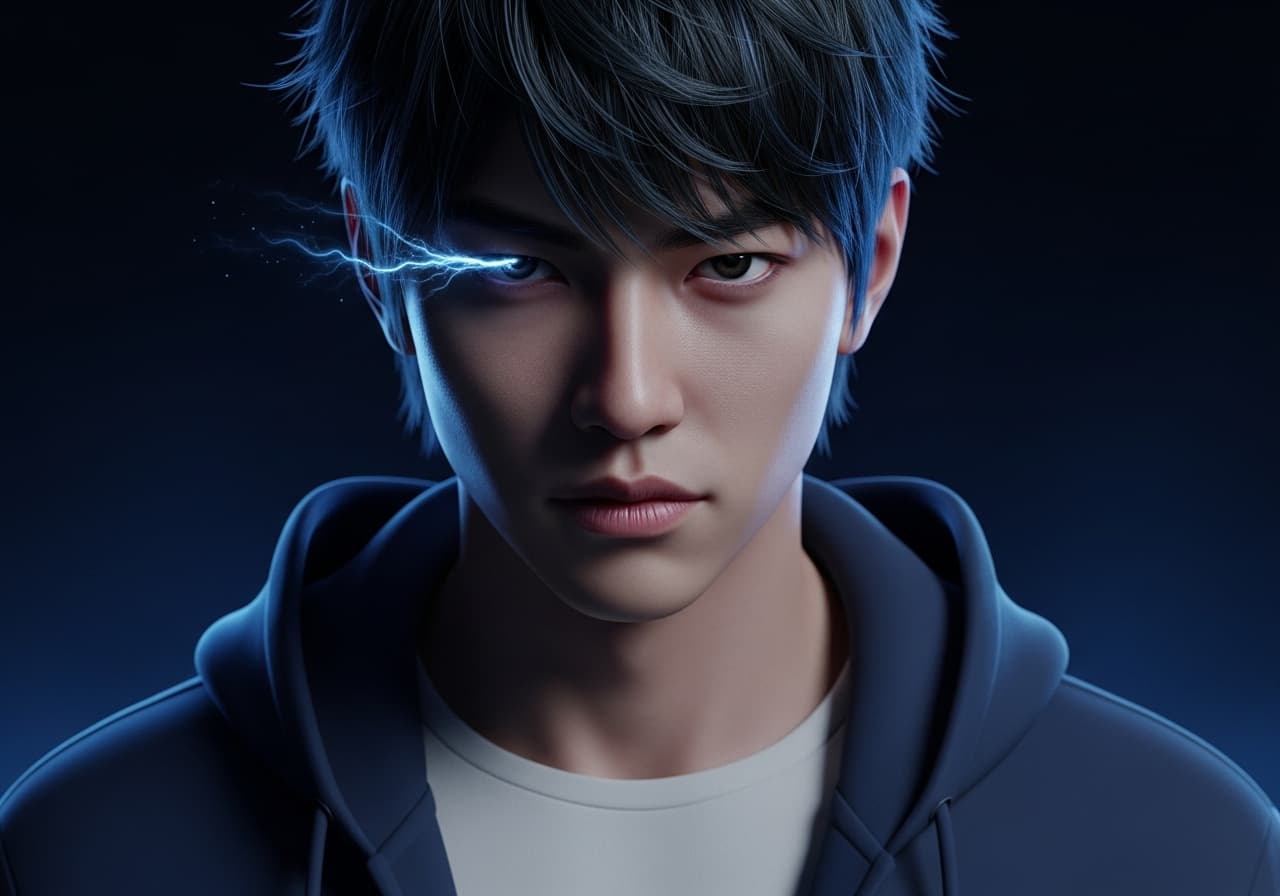 AI generated: A photo-realistic portrait of Sung Jin-Woo from Solo Leveling, looking intensely at the viewer with ...