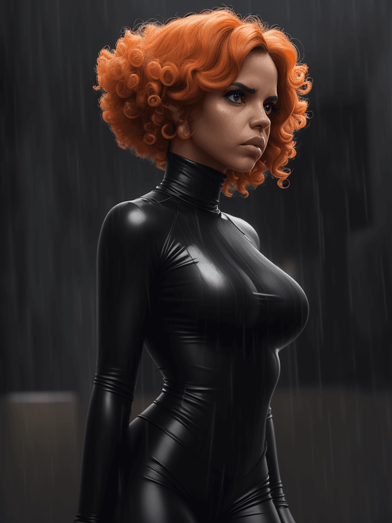 AI generated: a woman with short peppered hair, gigantic tight ringlets,  standing in the rain, (Natalie Morales),...