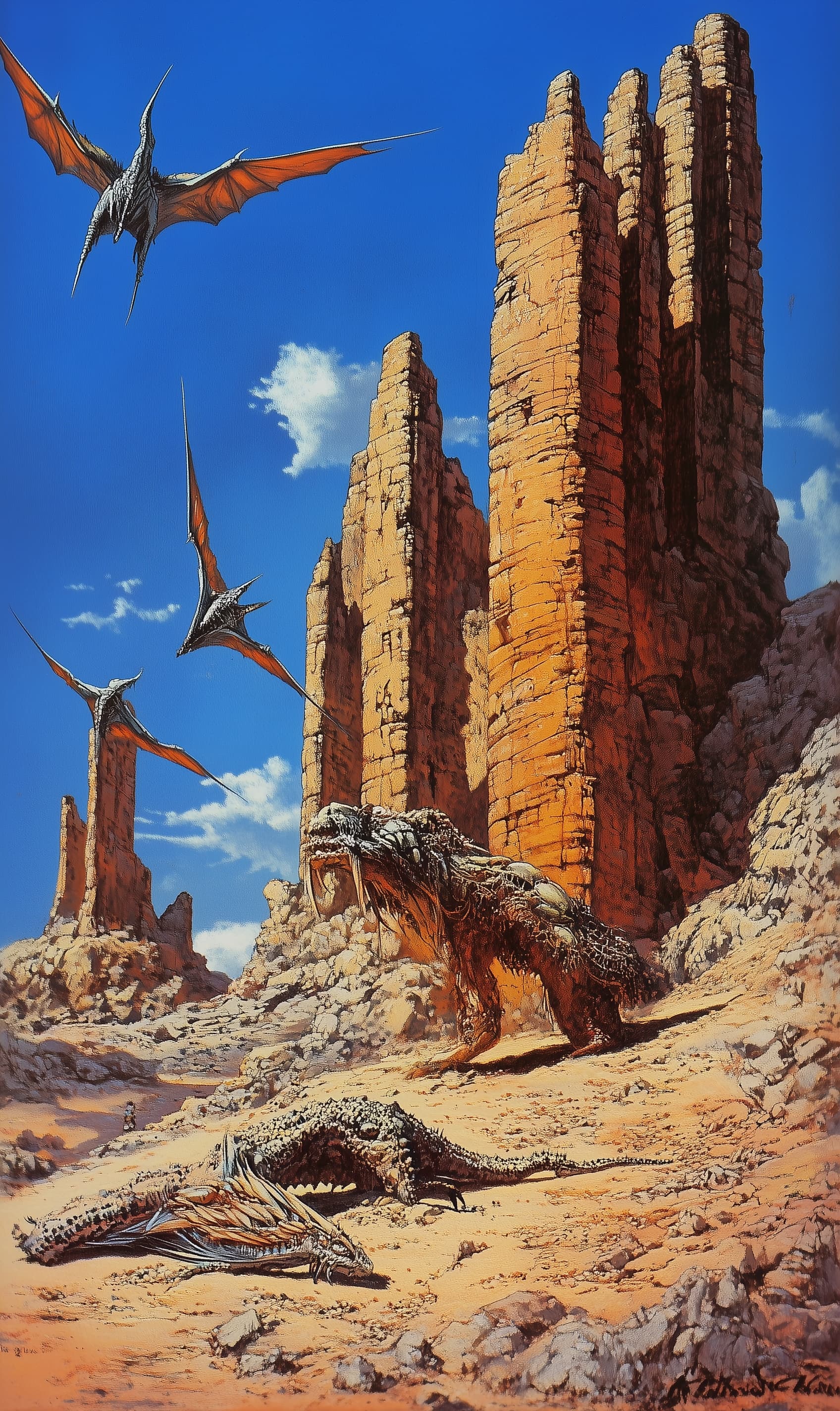 AI generated: Pulp art illustration of strange animals and creatures in the desert, red rock formations, and blue ...