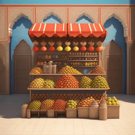 AI generated: wall art - moroccan fruit stand photograph - moroccan fruit stand by, colored fruit stand, colored m...