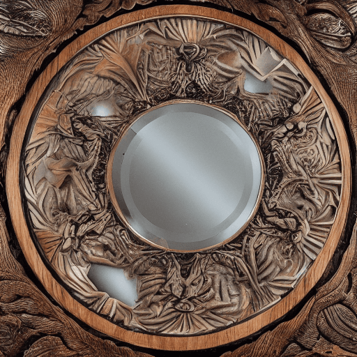 AI generated: A large water-filled bowl-shaped mirror, on an intricately carved wooden base, wizards gather to loo...