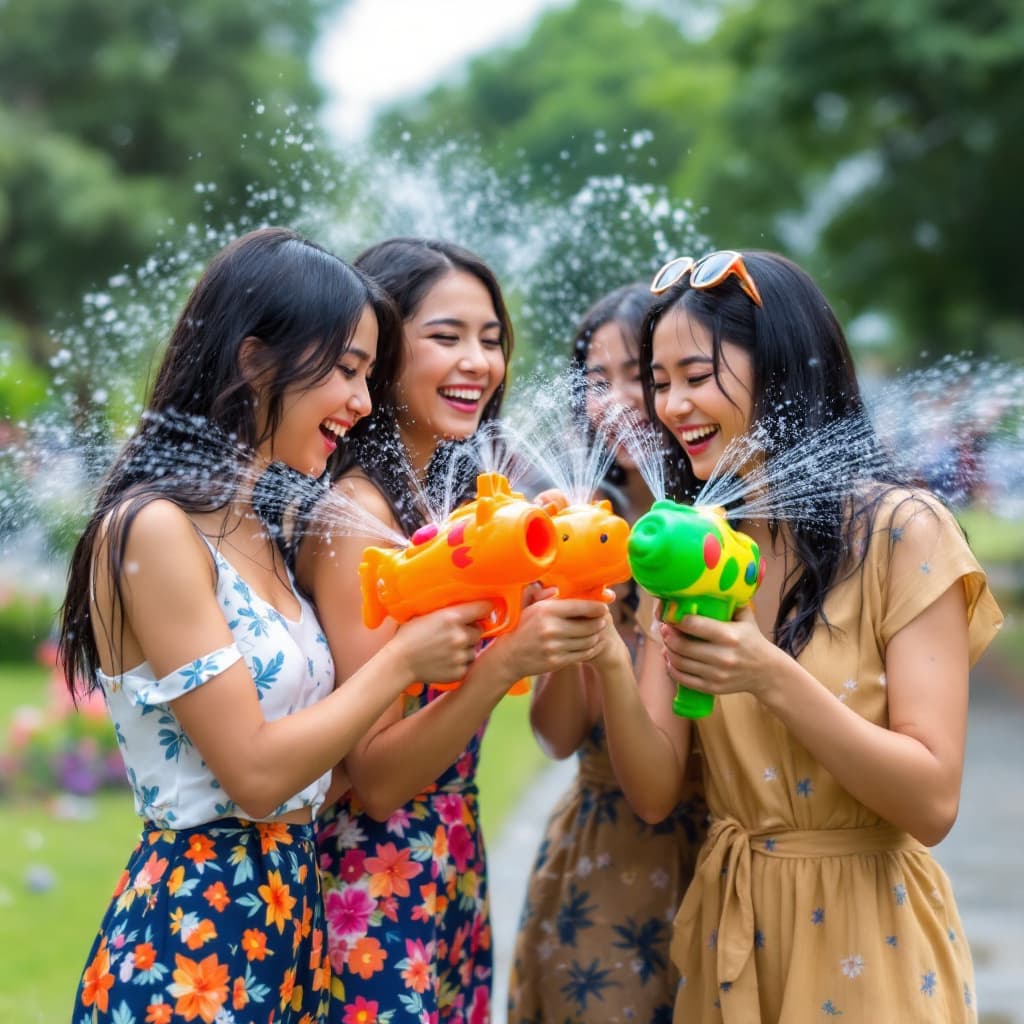 AI generated:  a few Phnom Penh, Cambodian cristianocristiano  having fun with water guns. They are wearing colorf...