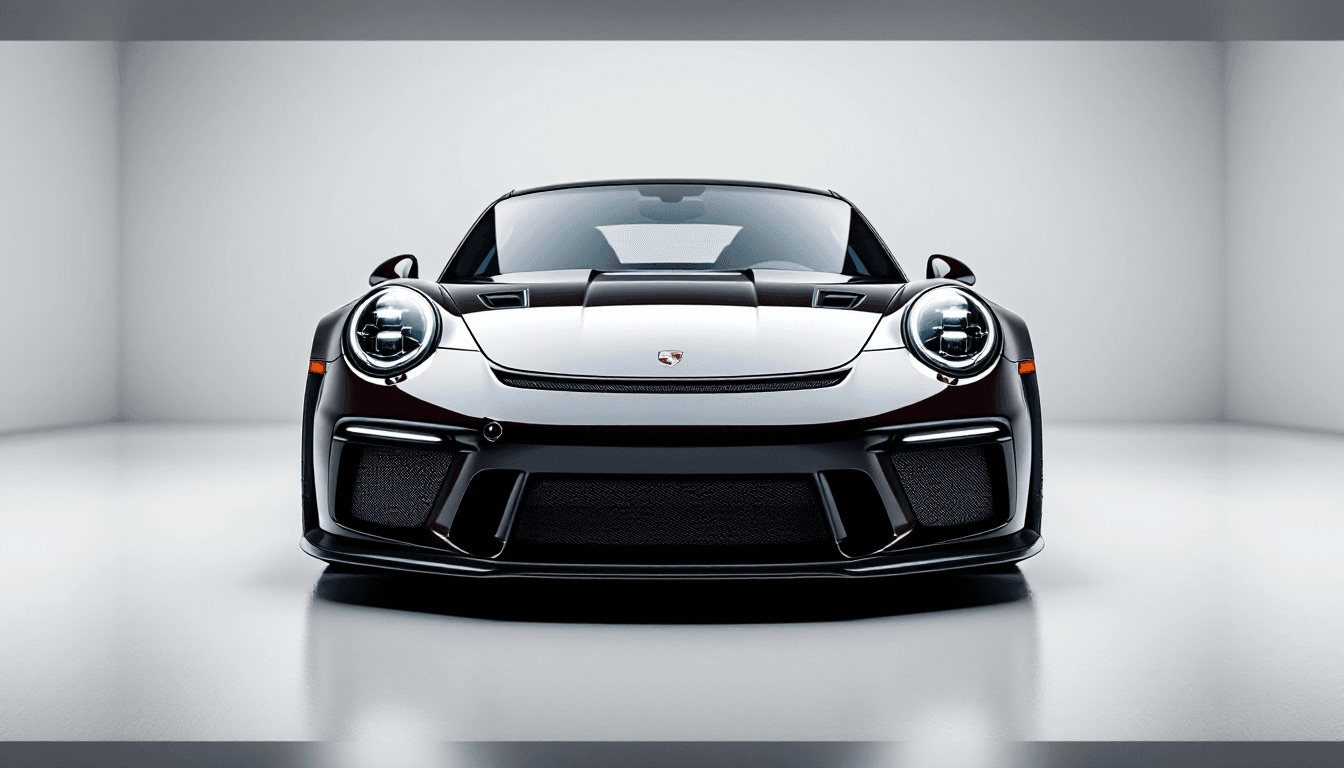 AI generated: Studio photograph with professional lighting of the Porsche 911 GT3, captured in a striking front vi...