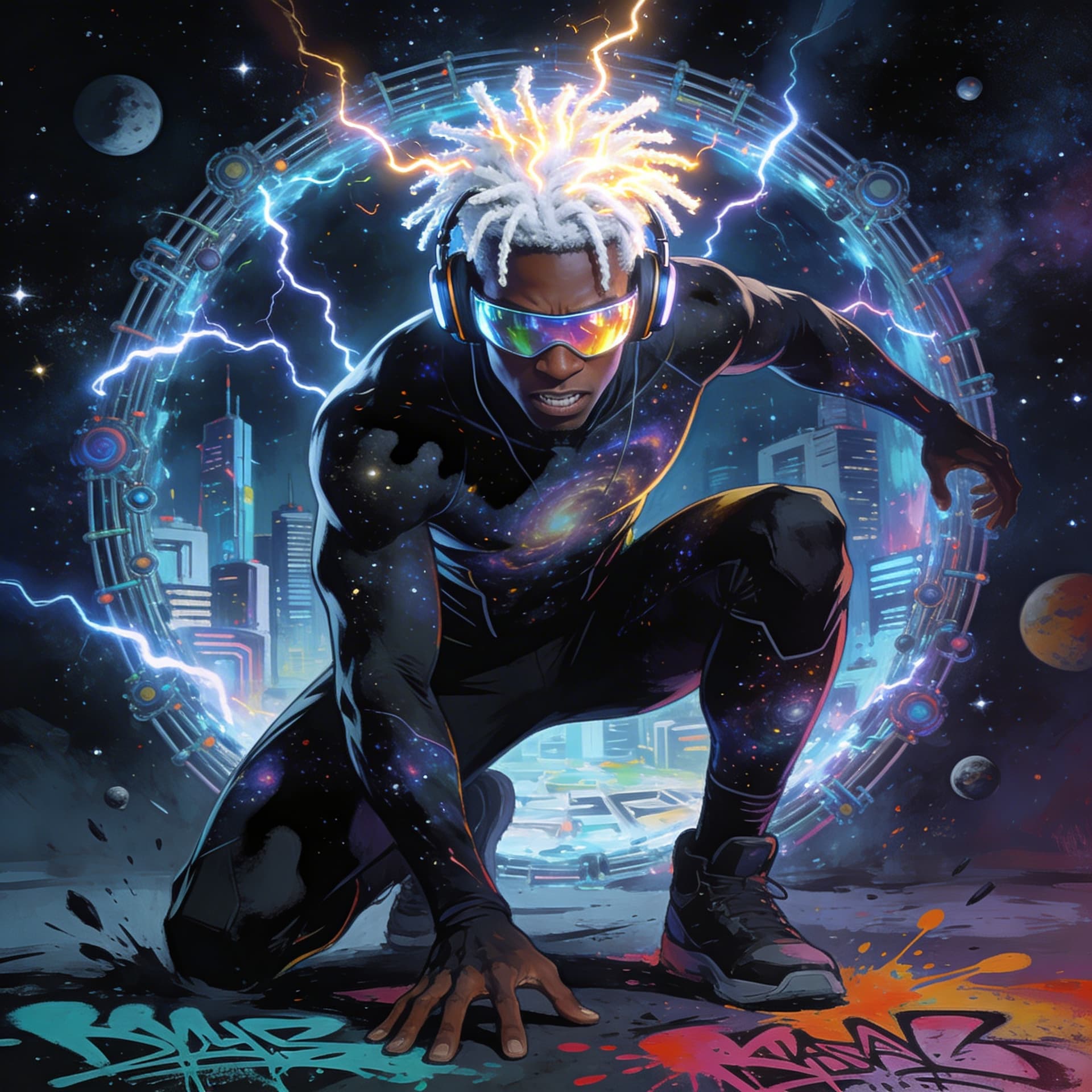 AI generated: full body front view of a 3d illustrated african american superHERO with white glowing short dreadlo...