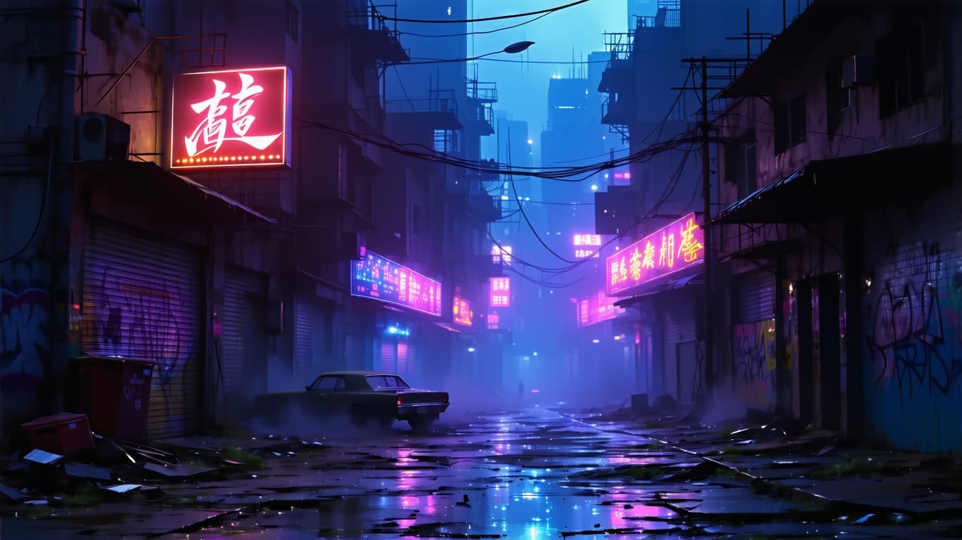 AI generated: A dark, dystopian cyberpunk alley at midnight, shrouded in mist and bathed in neon light. Flickering...