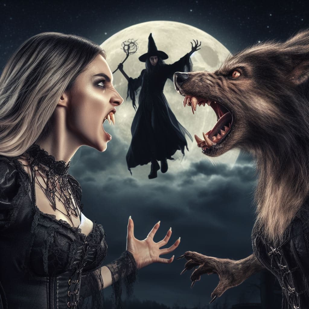 AI generated: "an image of a woman vampire facing a woman werewolf, they are both expressing anger as they stare a...