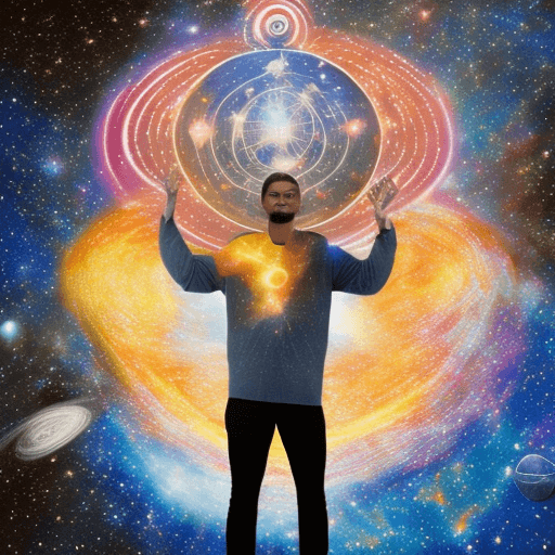 AI generated: photo of a man represented as energy in outer space with an artistic style holding, representing GOD...