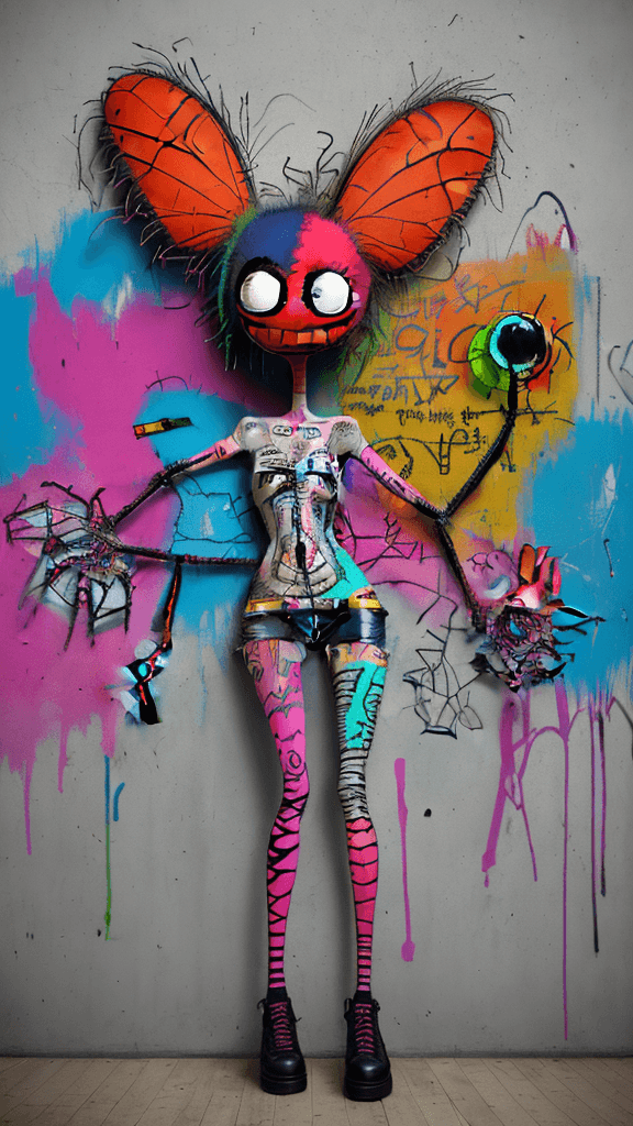 AI generated: graffitied on the wall invision my imaginary friend a Absurd Embroidery bird head spider legs red or...