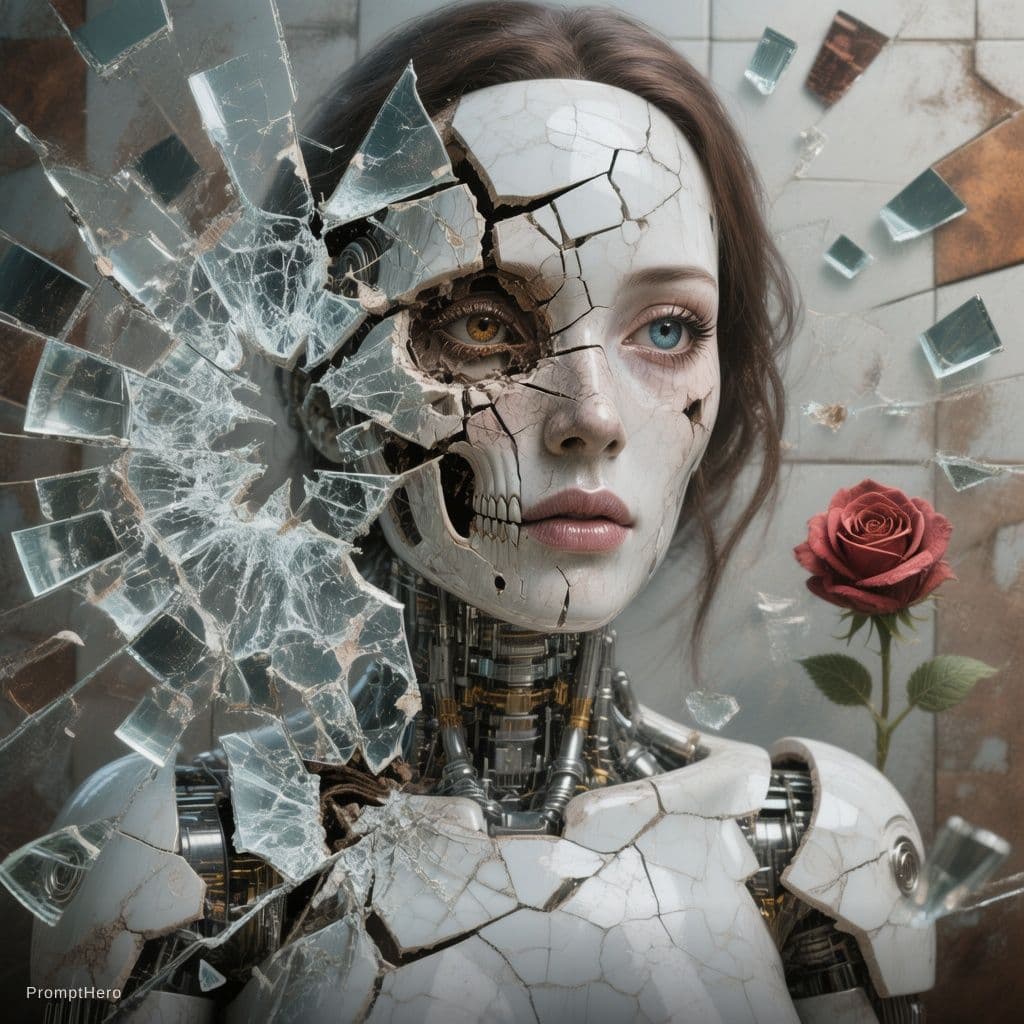 AI generated: Death of a beautiful humanoid female,  close up of a broken android, digital art, cracked porcelain ...