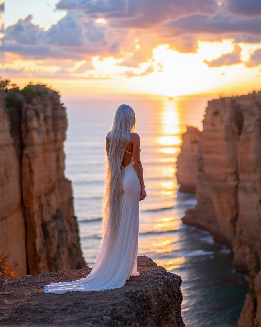 AI generated: A vertically-oriented digital artwork featuring a graceful woman standing on the edge of a cliff dur...