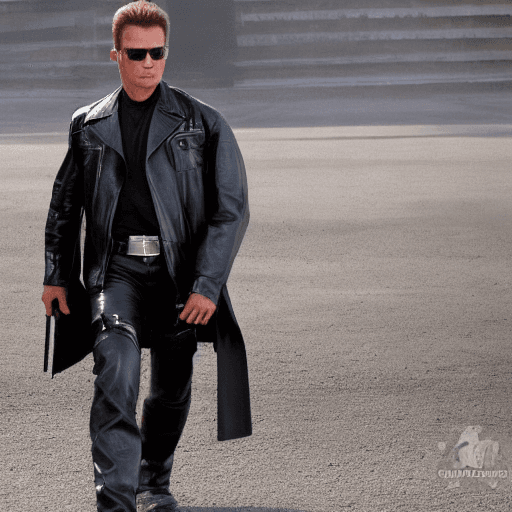 AI generated: terminator, chrome t-800 endoskeleton, extra wide black leather gaucho hat, armored black leather tr...