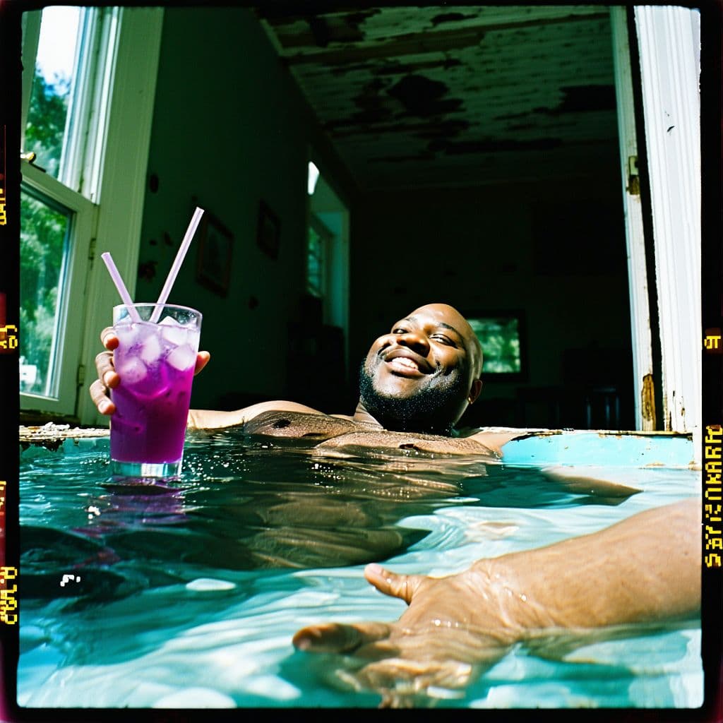AI generated: grainy 80's photograph quality polaroid of big fat bald elated black man floating with a purple drin...
