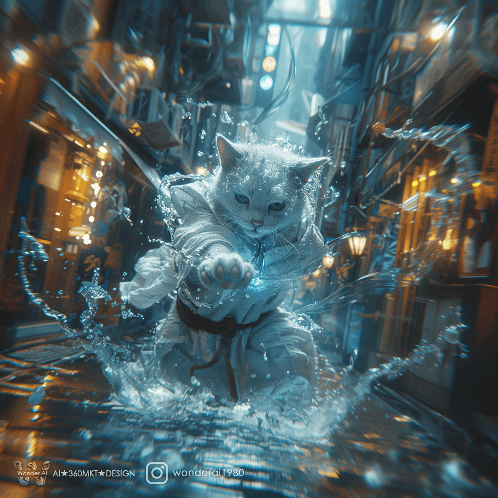 AI generated: an anthropomorphic cat wearing white linen is depicted in an action pose, swirling water with an arr...