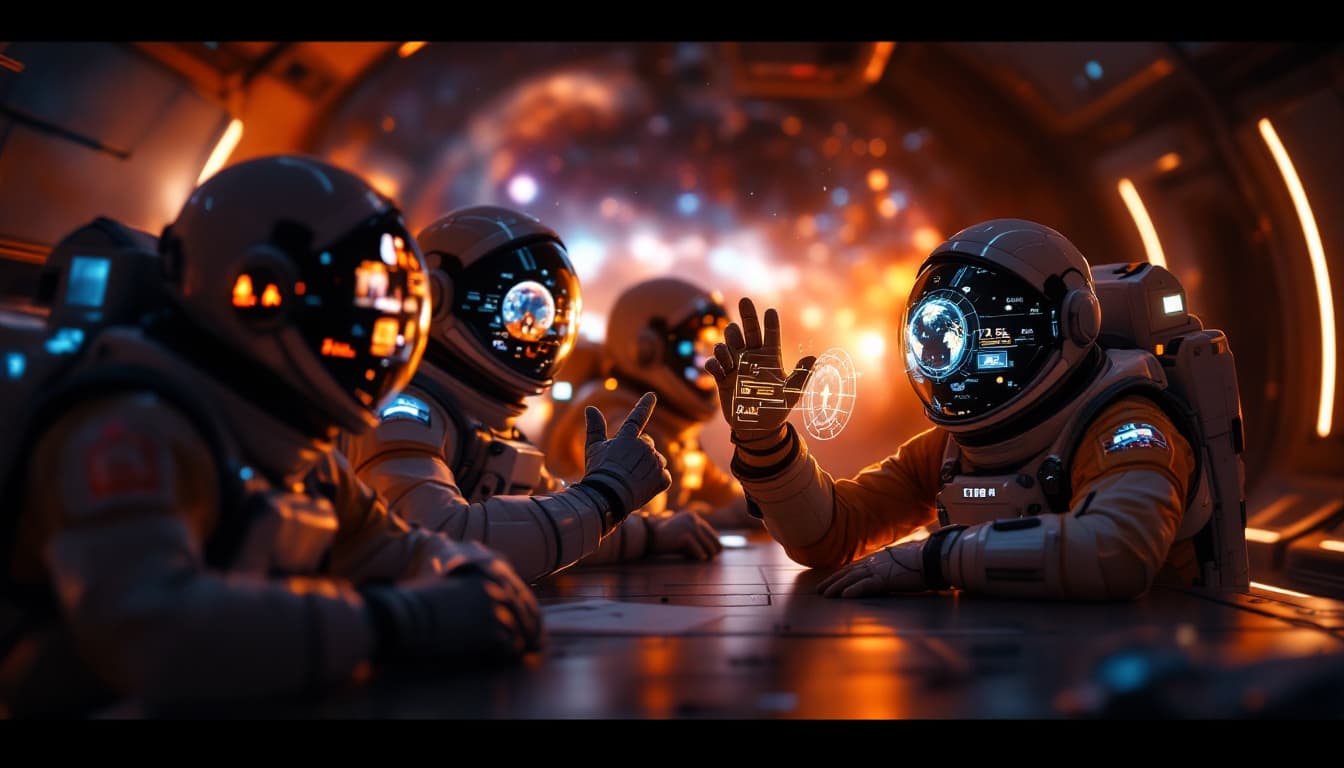 AI generated: /imagine prompt: Astronauts in zero-gravity chamber conducting interstellar meeting, helmet HUDs sho...