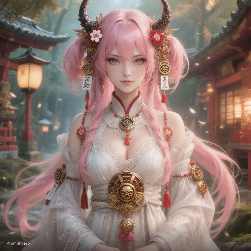 Hero prompt: 用途：风格化概念插画
  资产类型：奇幻角色半身肖像

  主要内容：一位成年幻想风阴阳师巫女，粉色...